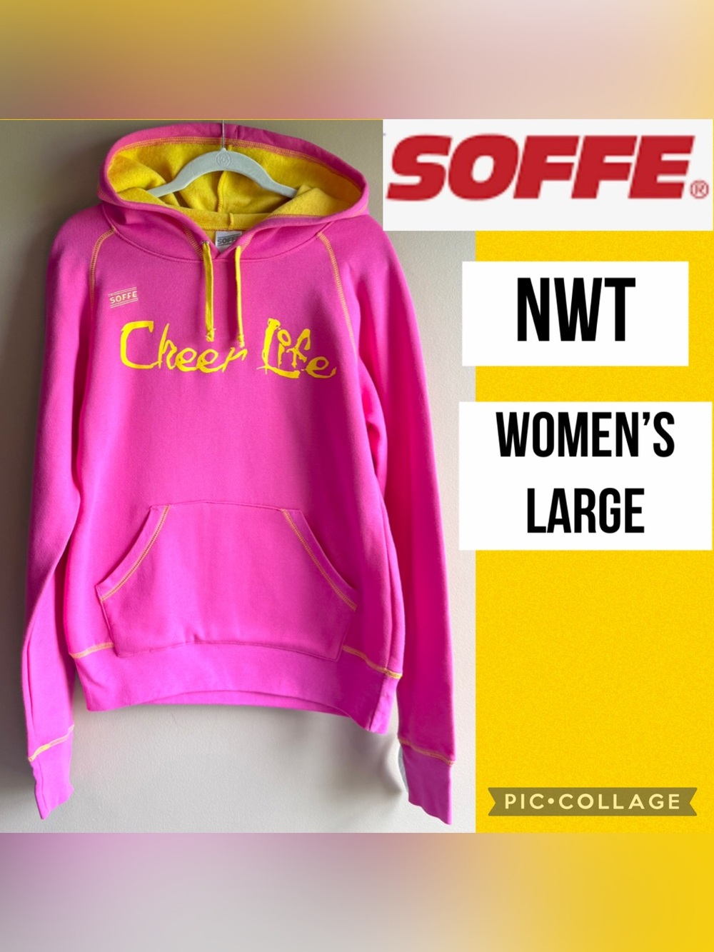 NWT Soffe Women’s Hoodie Cheer Life Pink Yellow Fleece Sweatshirt Size Large